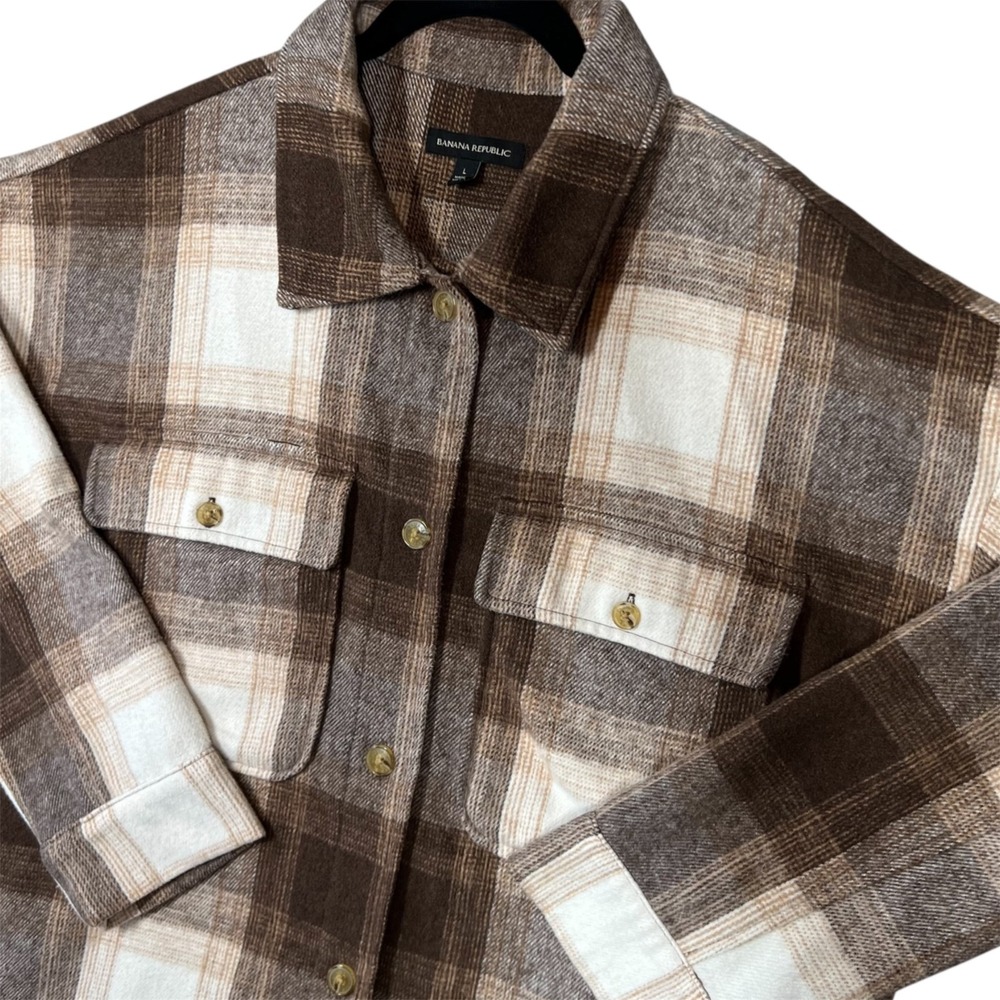 Banana Republic Shacket Women XL Plaid Flannel Poly/Wool Shirt Jacket